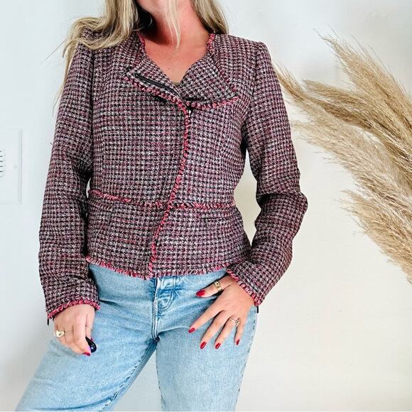 WHBM Pink Black Red Tweed Woven Peplum Ruffle Fringe Moto Zip Blazer Jacket 4 - Picture 11 of 15